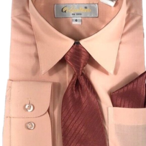 Gian Mario Boys Peach Dress Shirt Clip-on Brown Striped Tie Hanky Set Size 6 - Picture 3 of 3